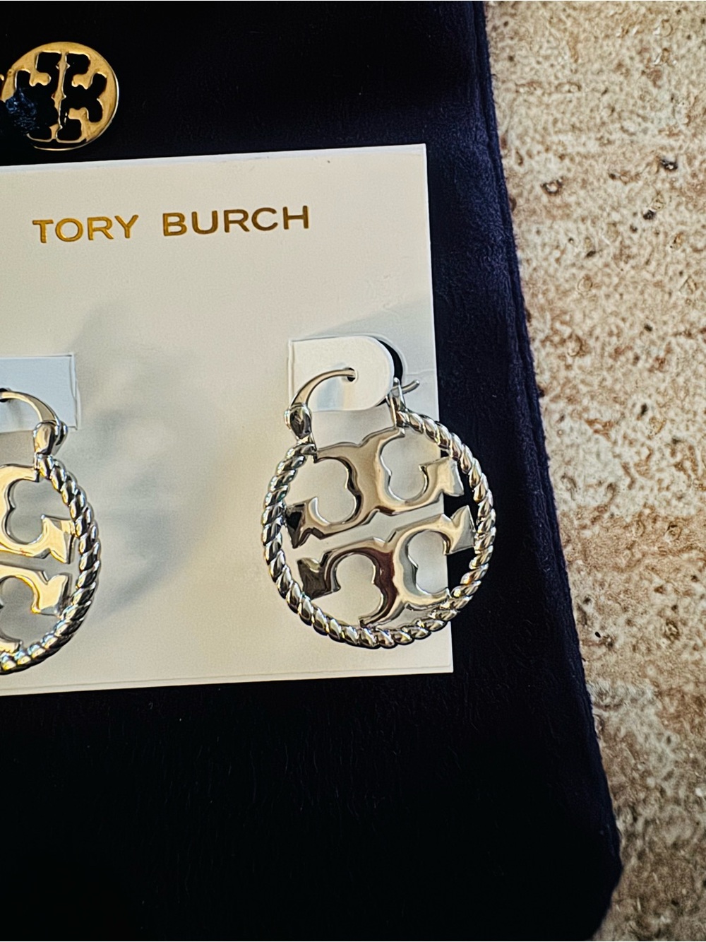 Tory Burch Silver Logo Drop Earrings - Round Monogram NWT & DUSTY!!! - Picture 2 of 4